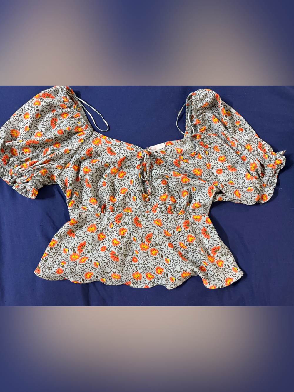 Floral Puff Sleeve Crop Top - Orange & Yellow Flowers on Light Blue Grey backing